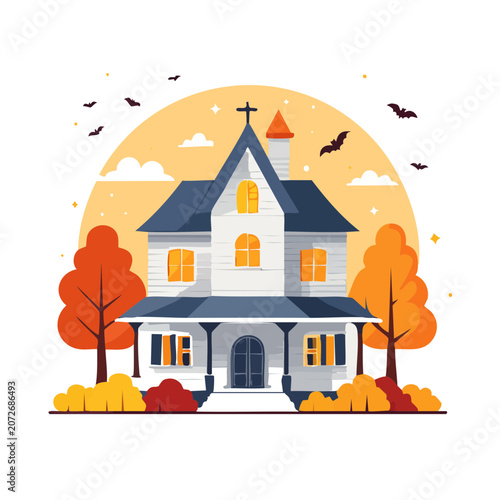 Haunted house with autumn trees and bats illustration