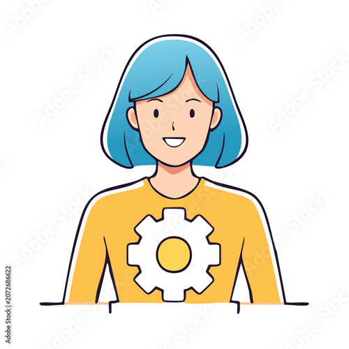 Smiling woman with gear icon on yellow shirt vector illustration