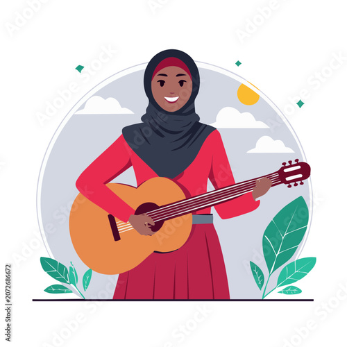 Woman in hijab playing acoustic guitar illustration
