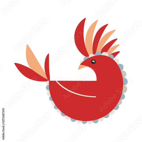 Cute red fantasy bird vector illustration. Minimalist folk or scandinavian style fairytale bird clipart. Isolated design element on white background.