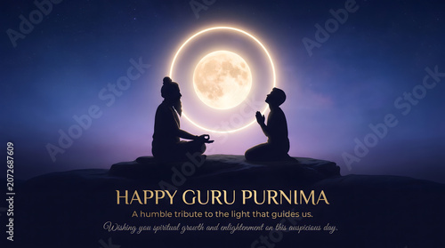 Guru Purnima celebration portraying guru and disciple beneath luminous full moon, honoring spiritual guidance, enlightenment, Guru Shishya tradition, festival greeting design.