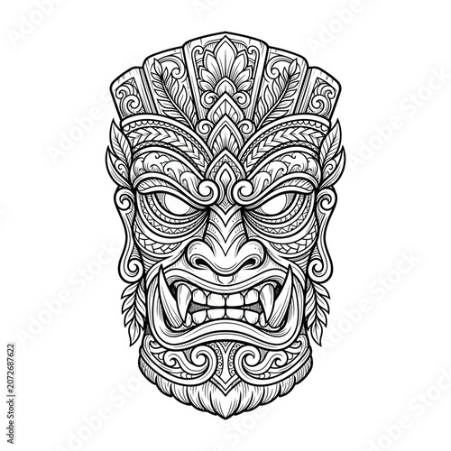 Tribal Mask, Polynesian Tiki Mask, Ancient Warrior Face, Line Art