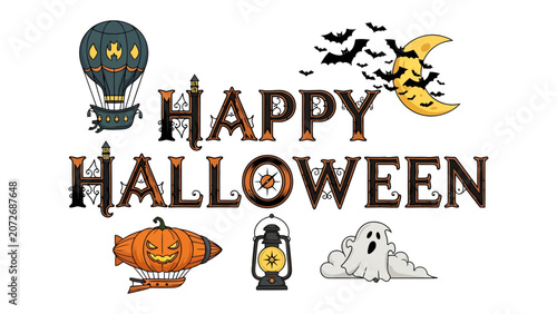 Happy Halloween Illustration: A festive graphic illustration features Happy Halloween text surrounded by spooky and whimsical elements like a hot air balloon, pumpkins, bats, a crescent moon.