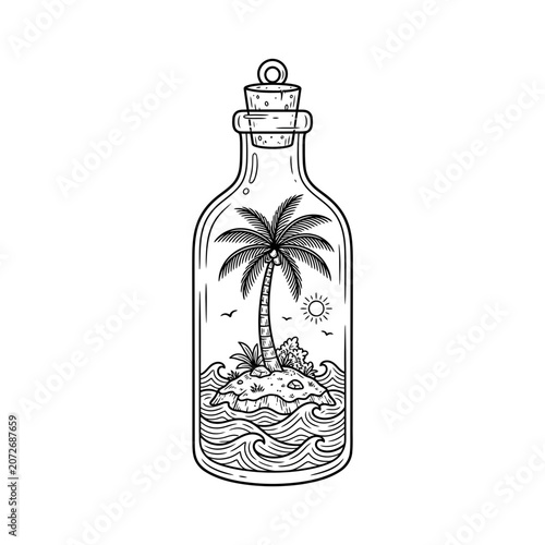 Tropical island in a bottle with palm tree and waves illustration