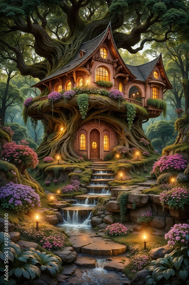 Obraz premium This image features a fairytale treehouse surrounded by a lush forest and a waterfall