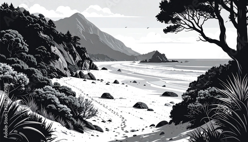 Serene beach with sandy shore rocks.