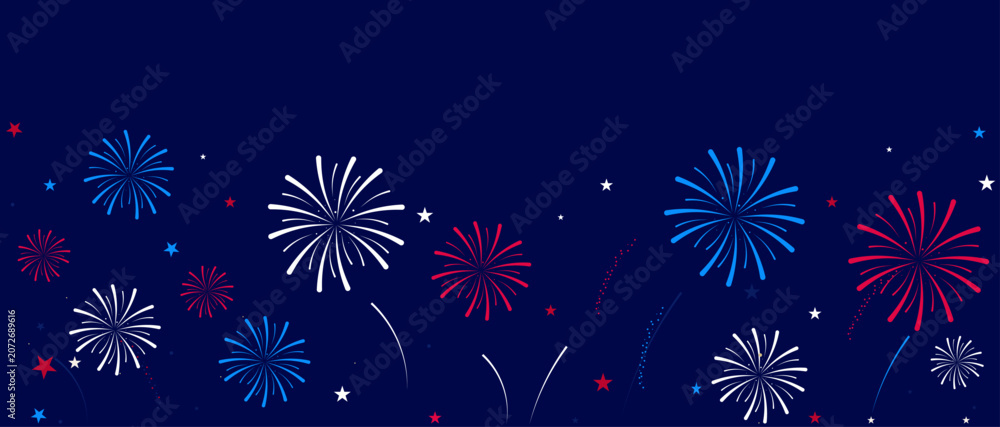 Naklejka premium July Fourth fireworks on dark blue background. Horizontal vector banner in flat patriotic style with red and blue firework bursts and stars. Perfect for USA Independence Day celebration.