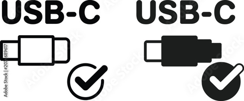 Fotografija USB C port icon, with check mark, verified connectivity symbol representing compatible device connection and successful interface support