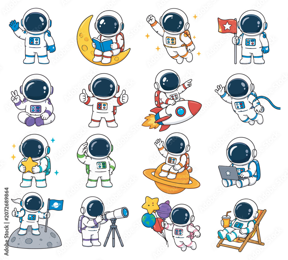 Fototapeta premium Cute cartoon astronaut sticker set Vector, illustration