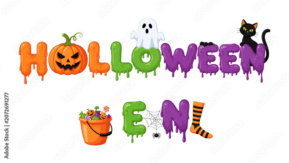 Fototapeta premium Halloween Typographic Art: A playful and spooky typographic design spells out Halloween with decorative elements like a carved pumpkin, melting letters, a ghost, a black cat, a candy bucket.