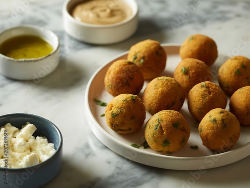 Crispy Falafel on White Plate with Dipping Sauces on Marble Table