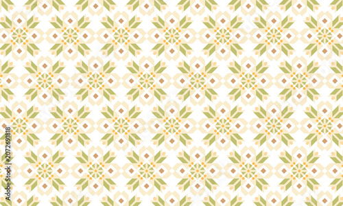 Geometric Folk Floral Seamless Pattern in Olive Green and Amber on White Vector