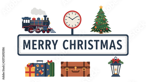 Tableau sur toile Christmas Travel Journey: A festive scene featuring a steam train, a Christmas tree, luggage, and a lantern, all under a Merry Christmas sign, evoking the holiday travel spirit
