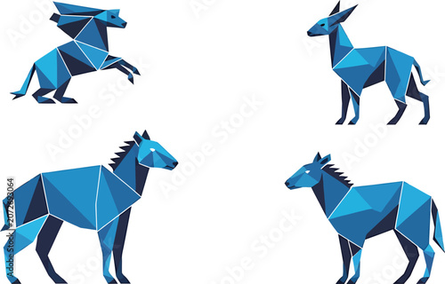Blue Geometric Horses Running Jumping Polygonal