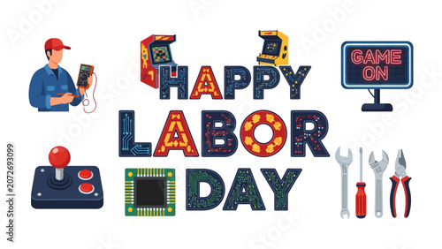 Foto Labor Day Retro Arcade & Tools: A vibrant illustration celebrating Labor Day with a playful mix of retro arcade games, computer components, and essential tools