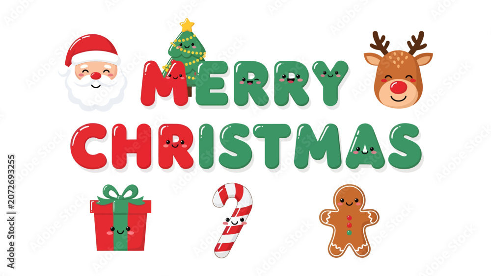 Fototapeta premium Cute Christmas Message: A whimsical and adorable Christmas greeting featuring Santa, a reindeer, a Christmas tree, gifts, candy cane, and gingerbread man with a cheerful, cartoonish style.