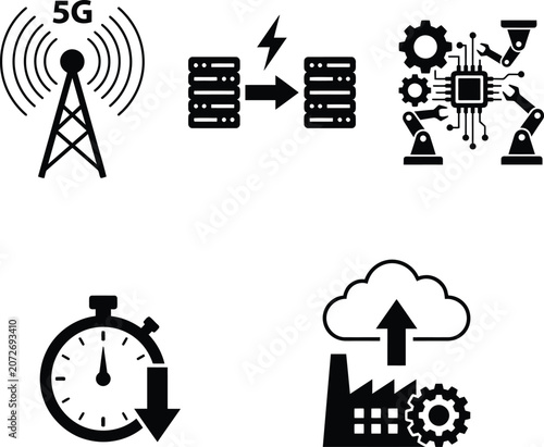 The AI brain chip predictive analytics system synchronizes data transfer between 5G network servers and industrial machines.