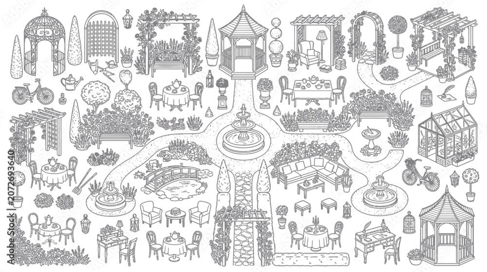 Obraz premium Garden landscape design elements set with top view paths gazebo furniture and plants in line art style
