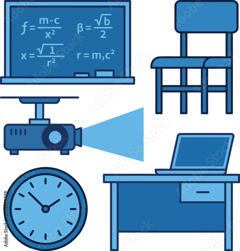 Classroom scene with coding achievement badges on a blue-themed educational setting with desk clock projector and chair
