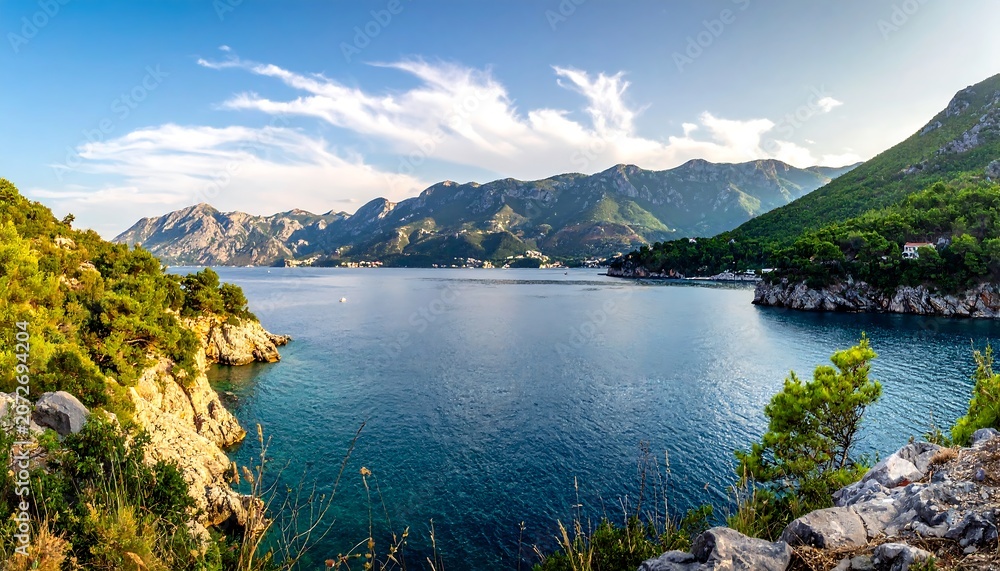 Naklejka premium Vast blue water body surrounded by green lush mountains under bright sky