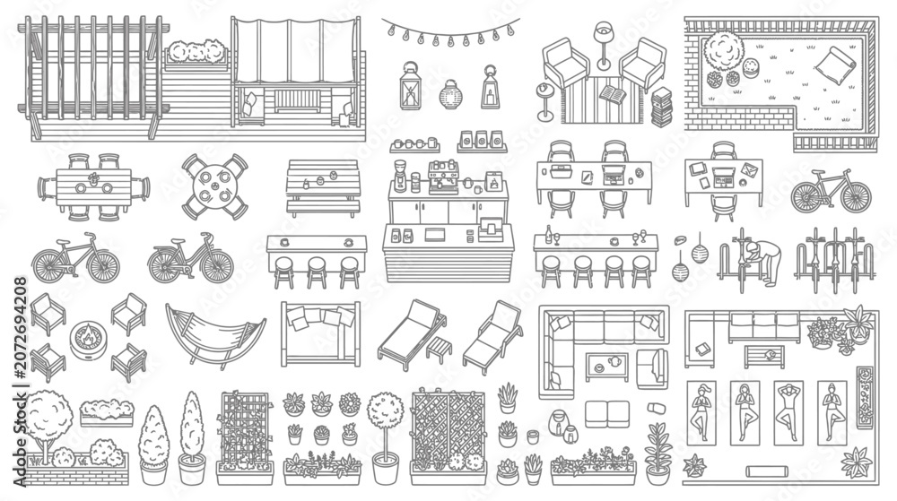 Fototapeta premium Top view furniture and landscape design elements set for architectural floor plans in hand drawn sketch style