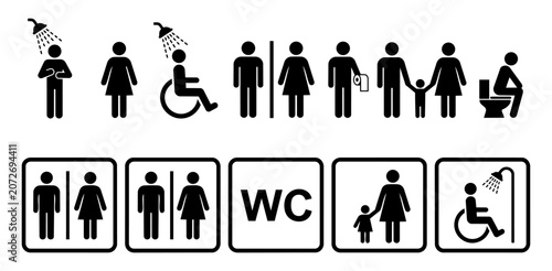 Photos Black and white illustration of various bathroom and toilet signs with people, i