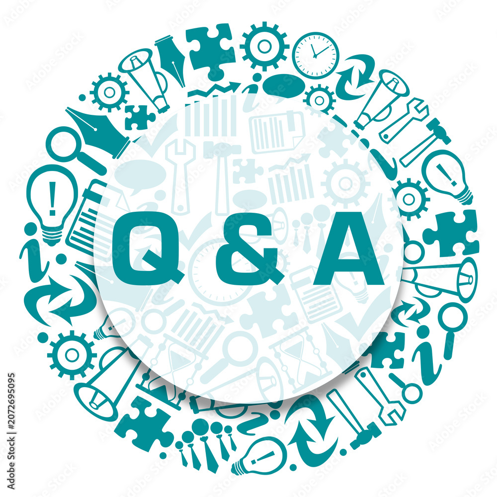 Fototapeta premium Q and A - Questions And Answers Business Symbols Turquoise Teal Circular Badge Style Text 