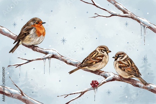 Three small birds including a robin perched on snow covered tree branches with hanging icicles and falling snowflakes in winter season
