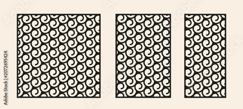 Decorative laser cut panels with abstract spiral swirl and wave pattern. CNC laser cutting template set, geometric swirl privacy screen, vector panels.