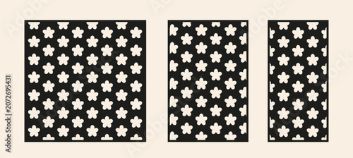 Decorative laser cut panels with cute floral seamless pattern for interior design. CNC laser cutting template set, flower privacy screen design, vector panels.