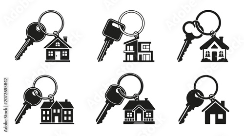 Schilderij op canvas Six House Keys with Keychain Attached to a Small House-Shaped Charm, Home Owners