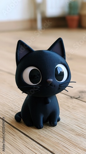 Black cat 3d print figurine with large eyes sitting on wooden floor, showcasing modern design and cuteness