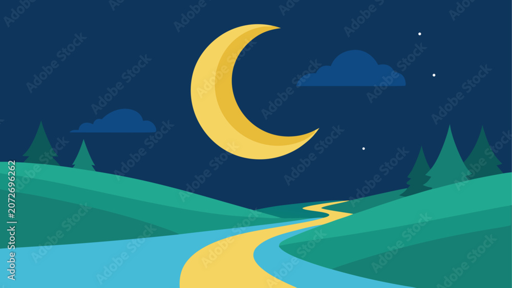 Obraz premium Moonlit road, nighttime landscape, vector illustration, dark blue sky