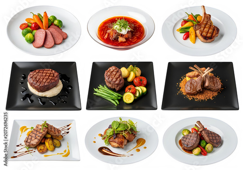 Collection of delicious gourmet meat dishes with grilled steak lamb chops and roasted vegetables served on elegant plates