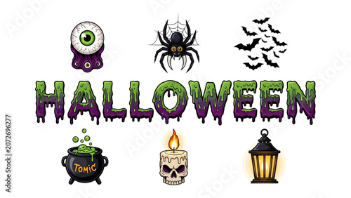 Fotografie Halloween Theme Icons: A collection of spooky Halloween icons including a melting eyeball monster, a creepy spider, a swarm of bats, a bubbling cauldron with Toxic label, a skull candle
