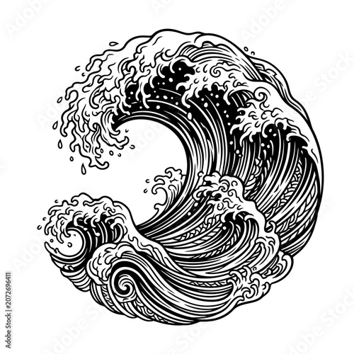 Monochromatic swirling ocean wave illustration, powerful sea energy, artistic rendering