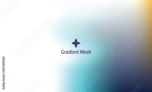 White, blue, and orange gradient mesh background, with floral symbol, and text