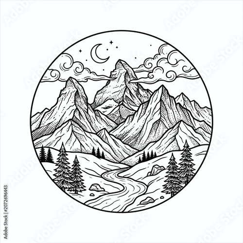 Mountain Landscape Circle Emblem - Night Scene with Moon and Stars