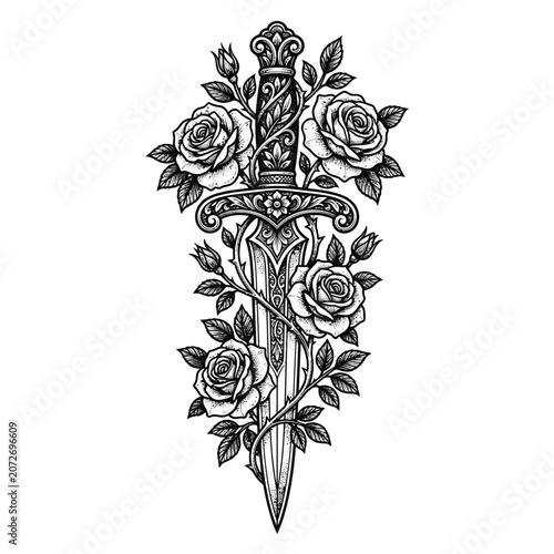 Ornate Dagger and Roses Tattoo Design