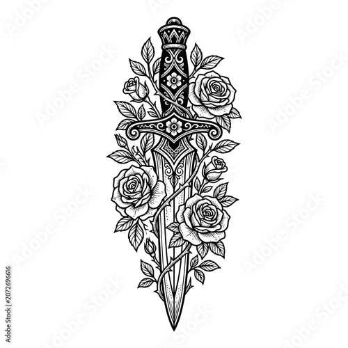 Ornate Dagger Surrounded by Roses, Black and White Illustration