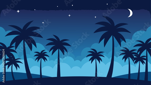 Fotografía Nighttime Tropical Landscape, Palm Trees Silhouette, Dark Blue Sky, Moon and Sta