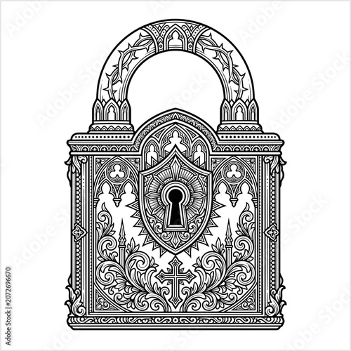 Ornate medieval padlock, gothic design, intricate details, black and white
