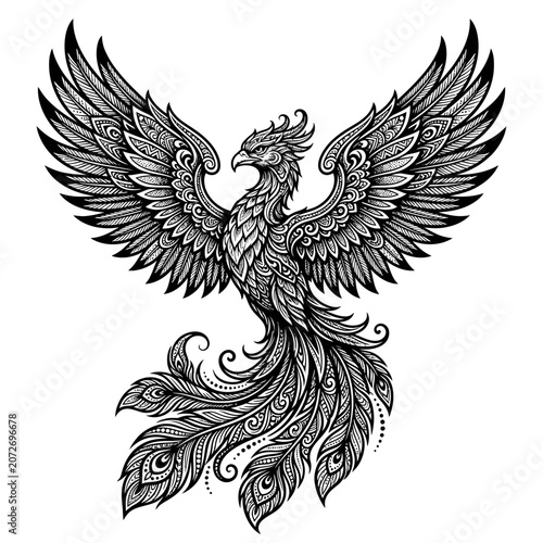 Ornate Phoenix Bird Tattoo Design Black and White