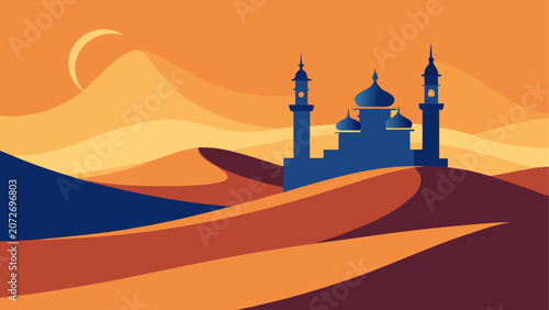 Canvas Print Desert landscape, mosque silhouette, orange sunset, abstract hills