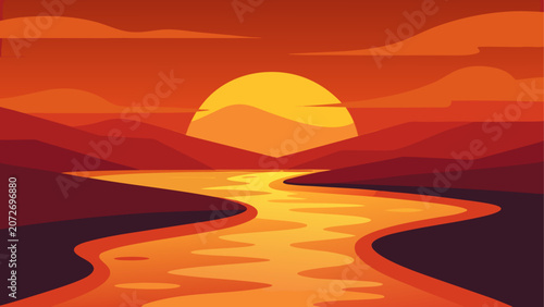Photos Sunset river landscape, golden hour scenery, orange nature background, winding w