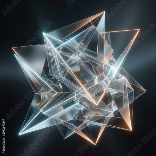 Abstract geometric crystal structure with prismatic light refraction