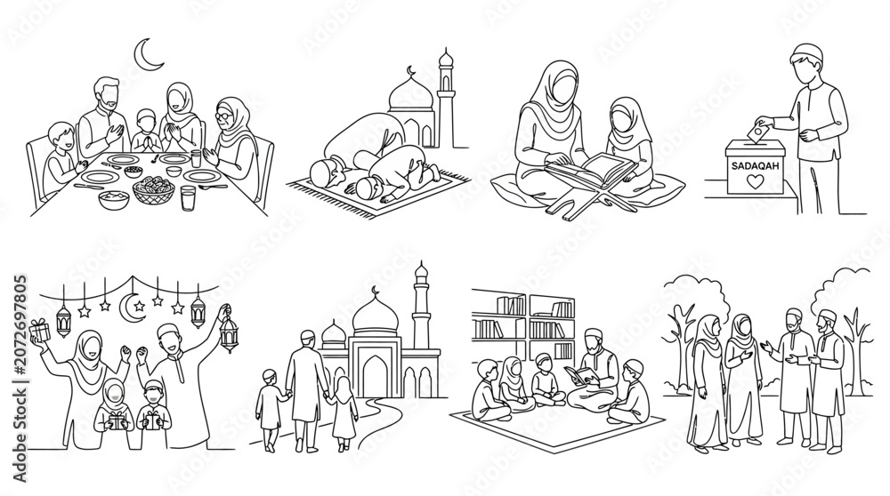 Obraz premium Ramadan kareem illustrations set with mosque and people breaking fast