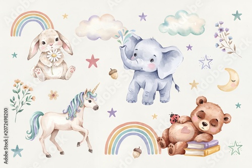 Watercolor collection of cute baby animals including a bunny, elephant, unicorn, and teddy bear with rainbows, clouds, stars, and floral