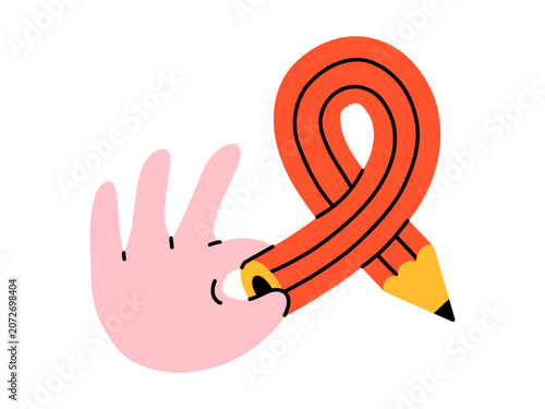 Billede på lærred Vector curved flexible twisted orange pencil in pink hand, funny bendy stationery drawing swirl line, creative school art