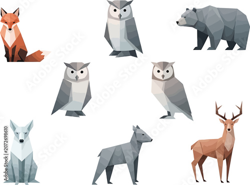 Geometric Forest Animals on White Background